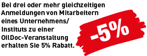 Rote Rabattgrafik mit weißem -5 % Schriftzug – gültig bei Gruppenanmeldung zu OilDoc Weiterbildungsveranstaltungen