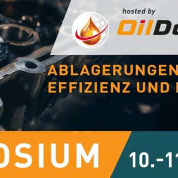 Breites Banner mit verschmutztem Motorbauteil, großer Schrift „Varnish-Symposium“, Claim „Ablagerungen im Griff – Effizienz und Nachhaltigkeit im Fokus!“, Datum 10.–11. März 2026, Logos „hosted by OilDoc“, „supported by Fluitec“ und „OELCHECK“