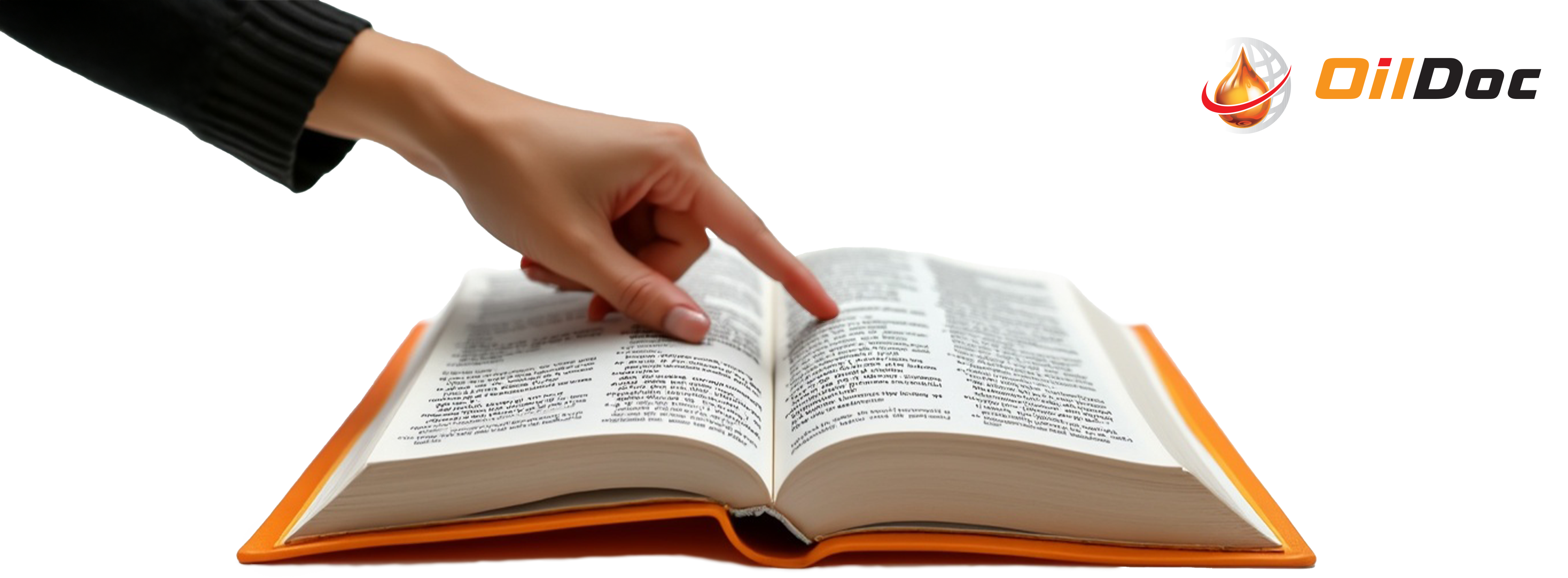 OilDoc Lexicon - open book with a woman's hand pointing to a text.