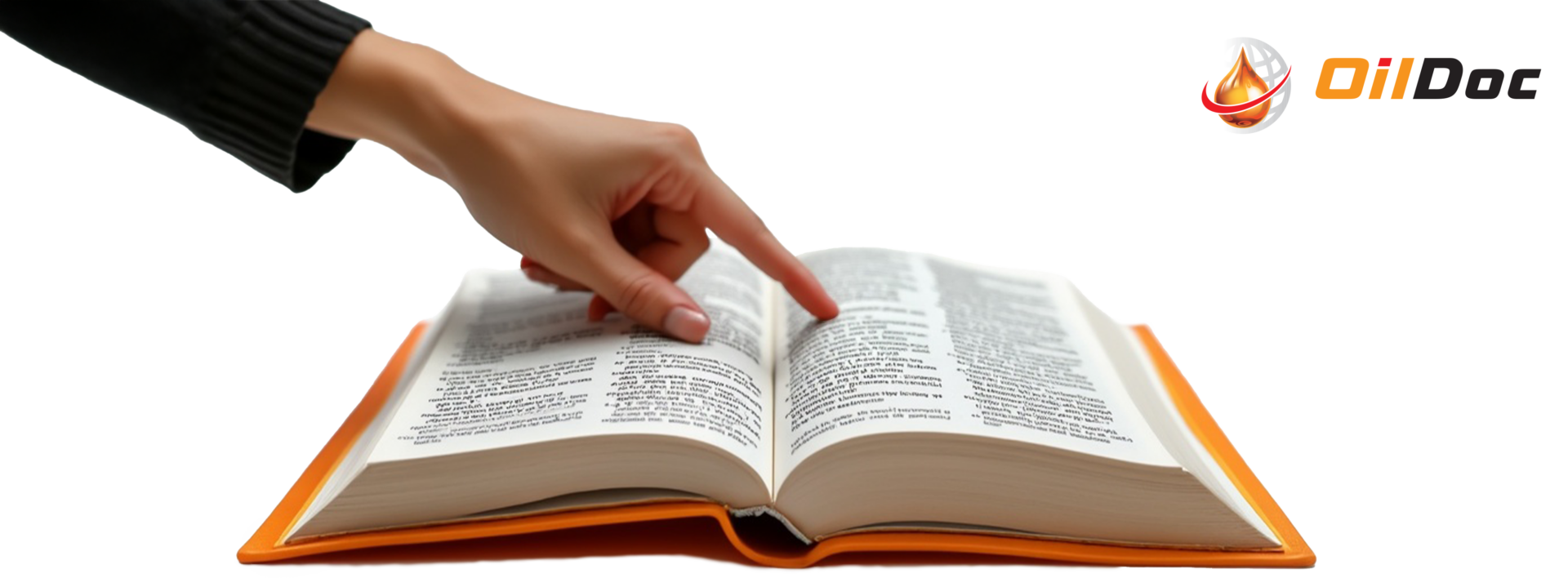 OilDoc Lexikon - aufgeschlagenes Buch mit einer Frauenhand die auf einen Text deutet.