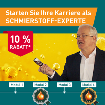 Starten Sie Ihre Karriere als Schmierstoff-Experte – Zertifikatskurs mit 10 % Rabatt Rüdiger Krethe hält eine kleine Ölprobe vor gelbem Hintergrund mit Öltropfen, Text „Starten Sie Ihre Karriere als Schmierstoff-Experte“ und „10 % Rabatt“, unten Grafik mit Modulen 1–4
