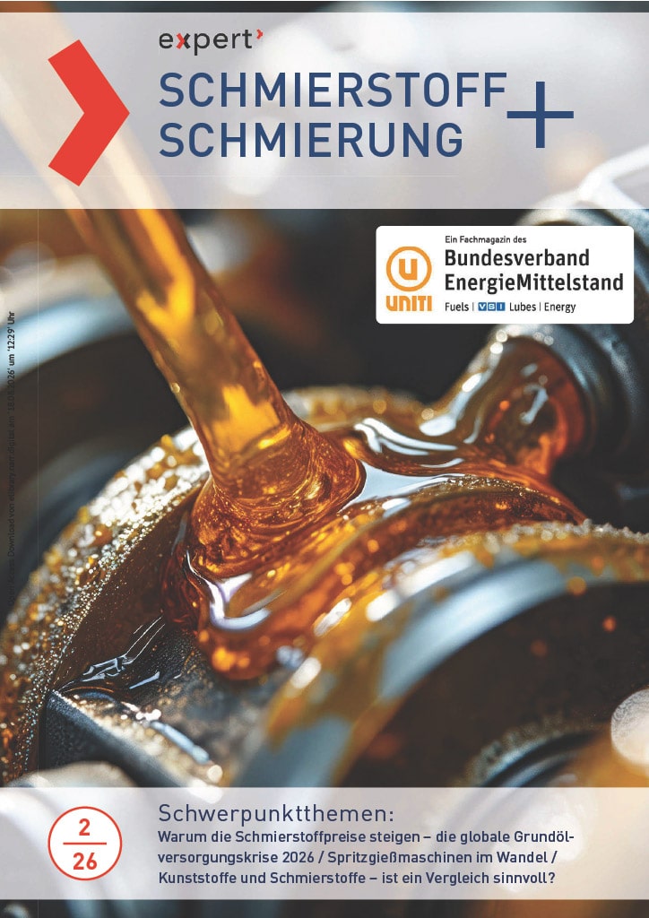Close-up of CNC metalworking with gold-colored lubricant flowing around the tool and workpiece, title “Lubricant Lubrication,” focus on metalworking, expert seminar in cooperation with the German Federal Association of Energy SMEs
