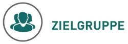 Drei Personen in unterschiedlicher Anordnung mit Schatten, daneben der Schriftzug "Zielgruppe".