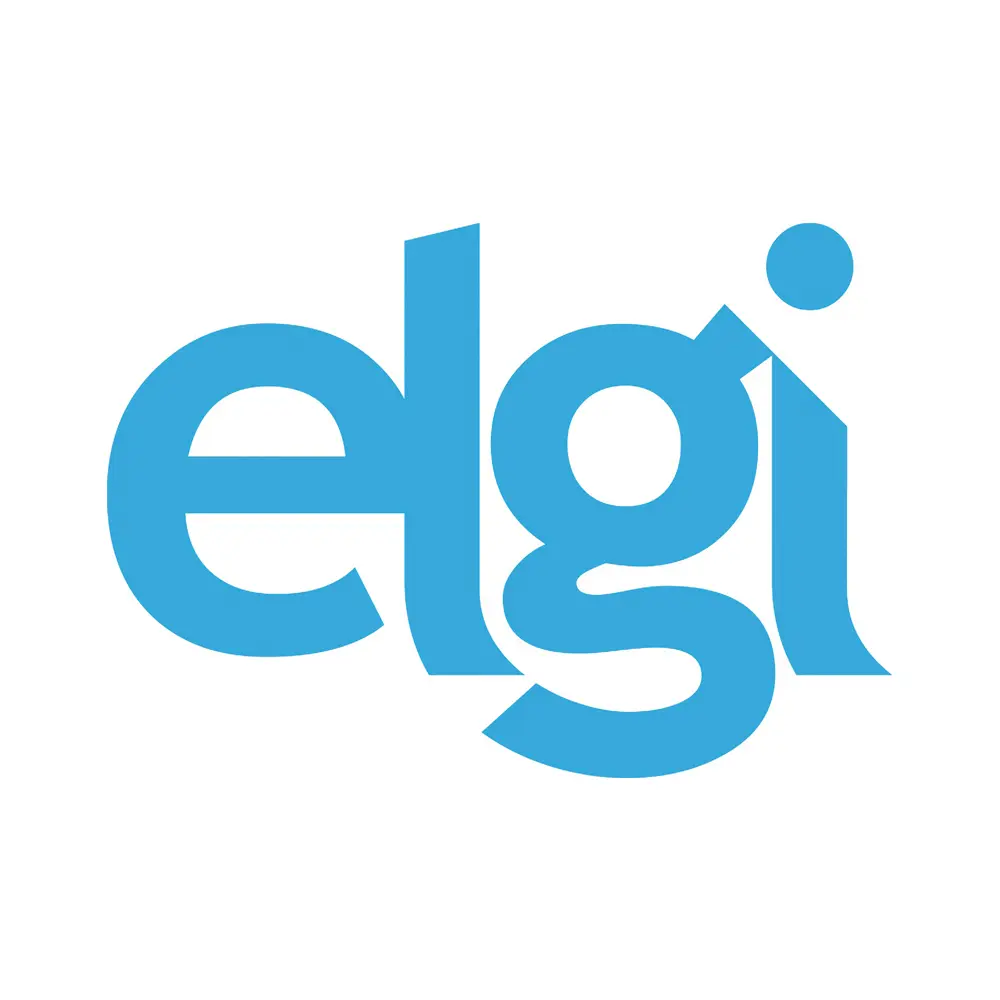 Elgi-Logo: Der Schriftzug 'elgi' in hellblauer, moderner Schriftart auf weißem Hintergrund.