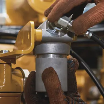 Monteur mit Handschuhen arbeitet an Hydraulikaggregat mit Schläuchen und Ventilen, rechts Emblem Spezialist für Hydraulikflüssigkeiten