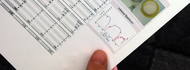 Infrarot-Spektrum auf dem Laborbericht – IR-Auswertung in der Ölanalyse verstehen Hand hält einen Laborbericht zur Ölanalyse mit Tabellen und einem Infrarot-Spektrum-Diagramm in der Ecke