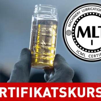 Hand im Handschuh hält eine gelbliche Ölprobe, daneben die ICML-Zertifizierungslogos MLT I und MLA I, unten der Schriftzug „OilDoc Zertifikatskurs“