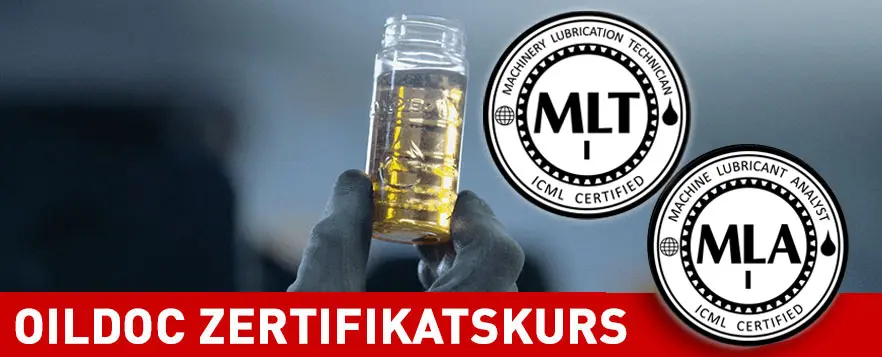 Hand im Handschuh hält eine gelbliche Ölprobe, daneben die ICML-Zertifizierungslogos MLT I und MLA I, unten der Schriftzug „OilDoc Zertifikatskurs“
