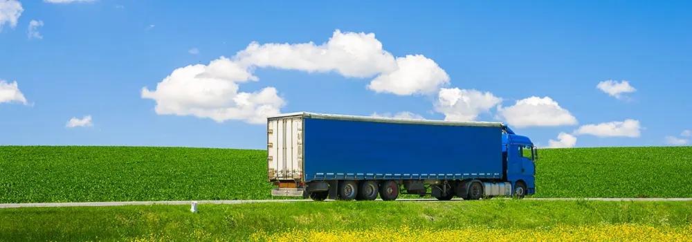 Blauer Sattelzug fährt bei sonnigem Wetter über eine Landstraße vor grünen Feldern