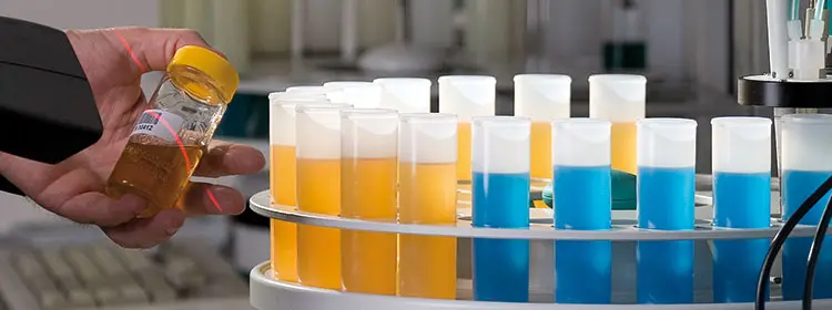 Hand hält eine Ölprobe vor einem Labor-Karussell mit gelben und blauen Proben zur Analyse von Säuren im Öl