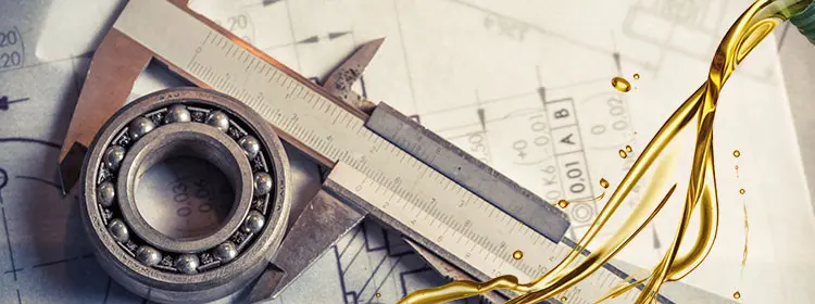 Kugellager und Messschieber auf technischen Zeichnungen, rechts ein einströmender Ölstrahl als Symbol für Schmierstoffwissen in der Konstruktion